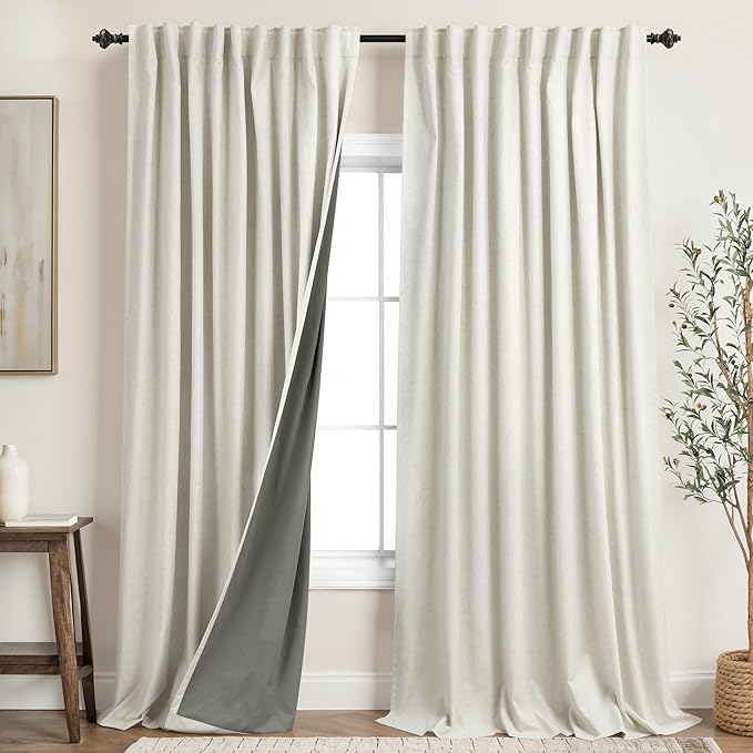 KOUFALL Extra Wide Linen Black Out Curtains Drapes 96 Inch Long 2 Panels Set by KOUFALL