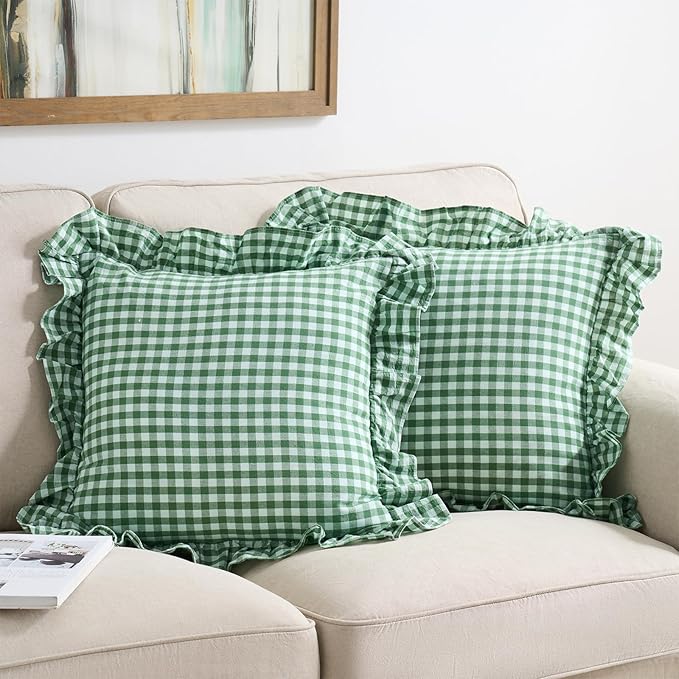2 Pack Christmas Green White Plaid Ruffle Throw Pillow Covers, 100% Washed by KMASANIJI