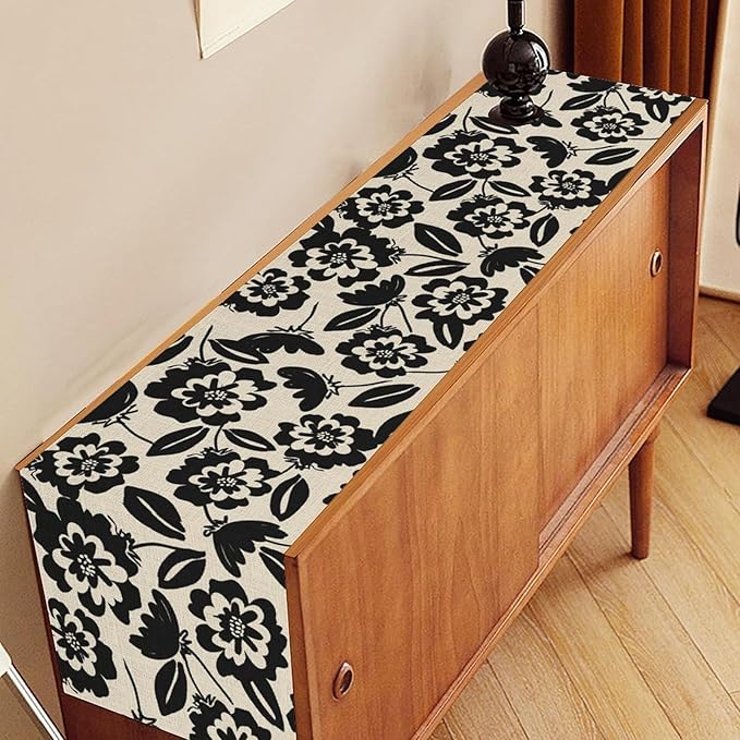 Dark Floral Table Runner, Abstract White Flower Seasonal Coffee Table Center - Image 3