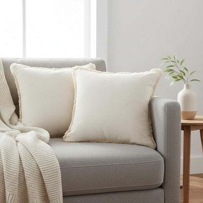 16×16 Cream White Decorative Fringe Cotton Throw Pillow Covers Boho Farmhouse - Image 4