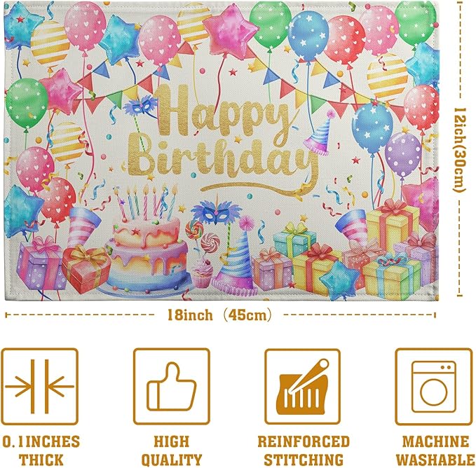 Happy Birthday Placemats Set of 4 Colorful Balloons Confetti Cake Linen Table - Image 4