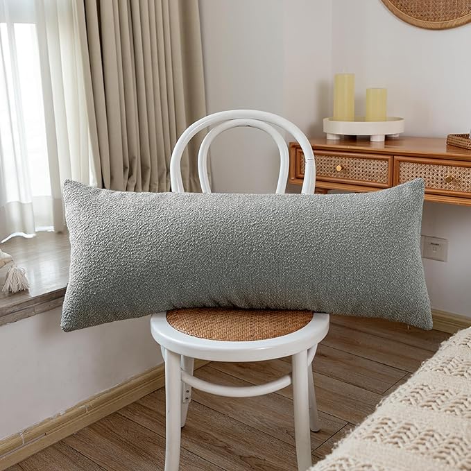 14x36 inch Boucle Lumbar Pillow Cover, Light Gray Woven Texture Neutral Long - Image 8