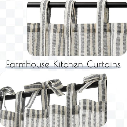JINCHAN Tie Top Linen Kitchen Curtains 36 Inch Striped Tier Curtains Farmhouse - Image 6