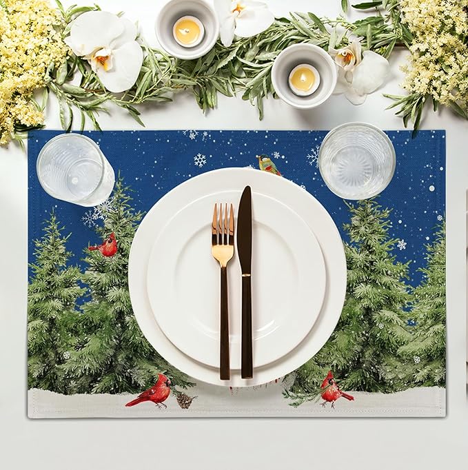 Blue Snowman Christmas Placemats Set of 4 Xmas Tree Cardinal Snowflakes Linen - Image 3