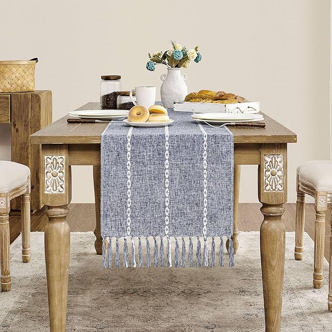 ZeeMart Farmhouse Braided Striped Table Runner, Rustic Navy Blue Table Runners by ZEEMARTONLINE