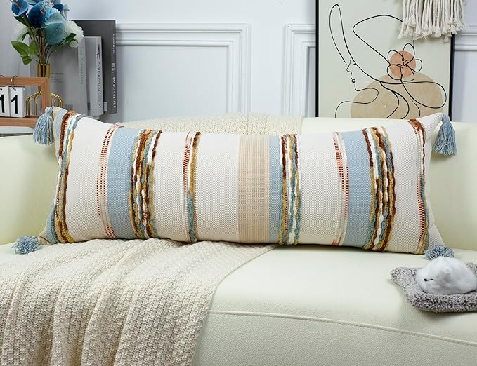 PANOD Boho Long Lumbar Throw Pillow Cover 16 x 36 Light Blue, Chenille Morocan - Image 3