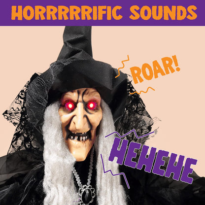 JOYIN 47” Animated Witch Halloween Decorations Outdoor Indoor, Scary Halloween Animatronics Decor, Hanging Ghost Talking Sound Activated Led Lights Eyes Haunted House Yard Garden Lawn