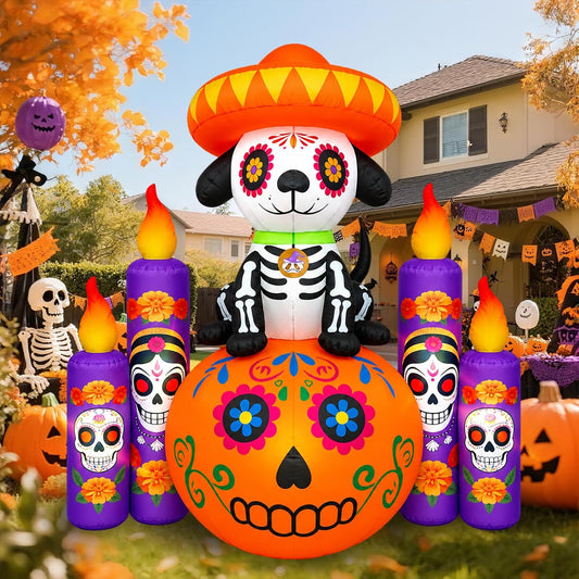 6 FT Halloween Decorations Outdoor Inflatable Dog with Pumpkin and Candles, Dia de Los Muertos Decoration, Day of The Dead Decor, Blow Up Yard with Built-in LED for Altar Garden, Lawn