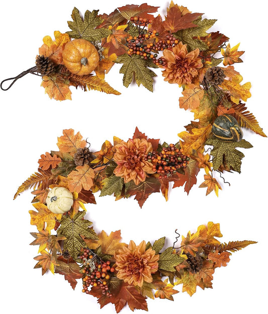 6 Ft Realistic Fall Garland for Mantle Autumn Maples Leaf Pumpkin Garland with Berries Pine Cones Dahlia for Fireplace Doorway Party Thanksgiving Halloween Farmhouse Porch Indoor Outdoor Decorations