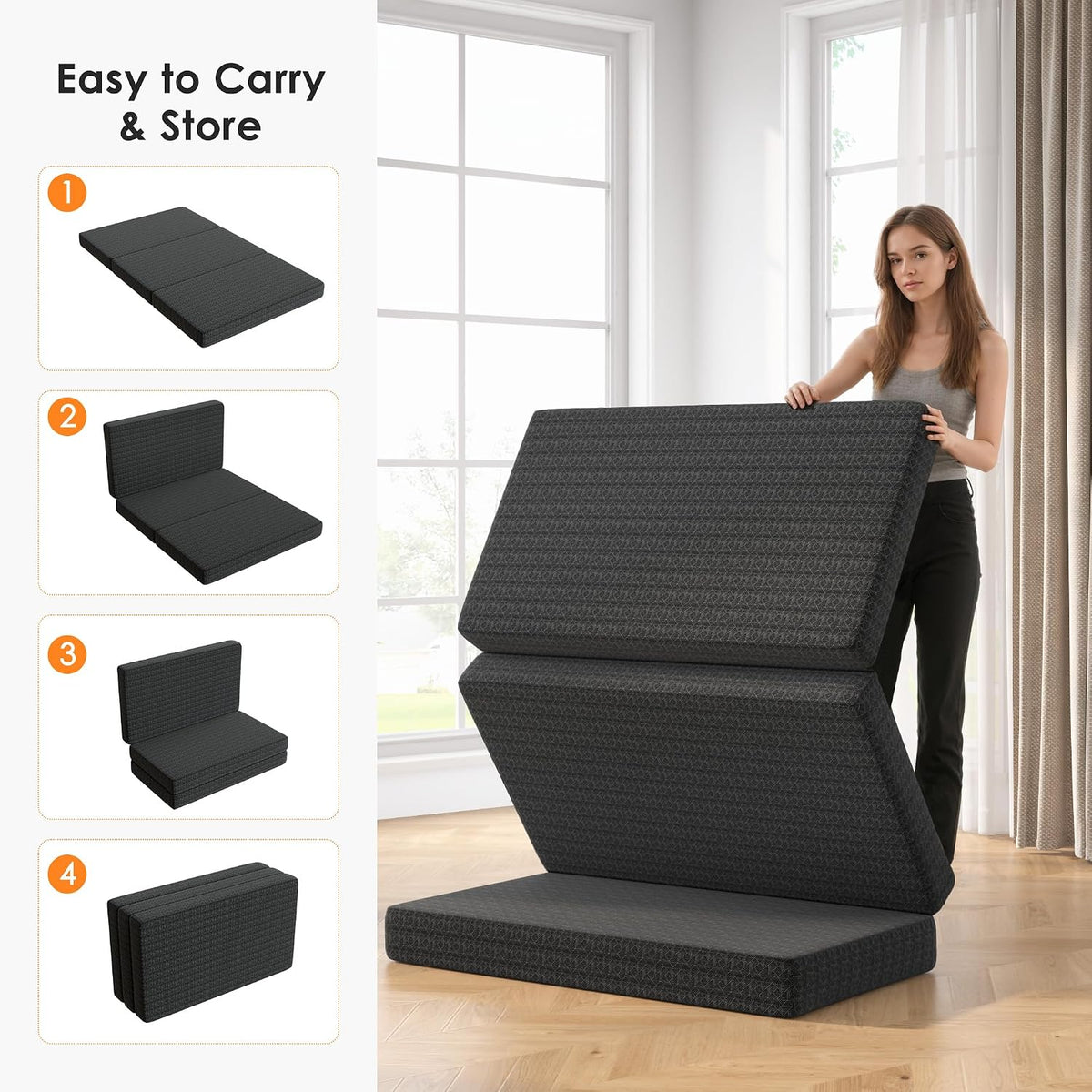 6 inch tri-fold mattress twin size, portable memory, front angle view