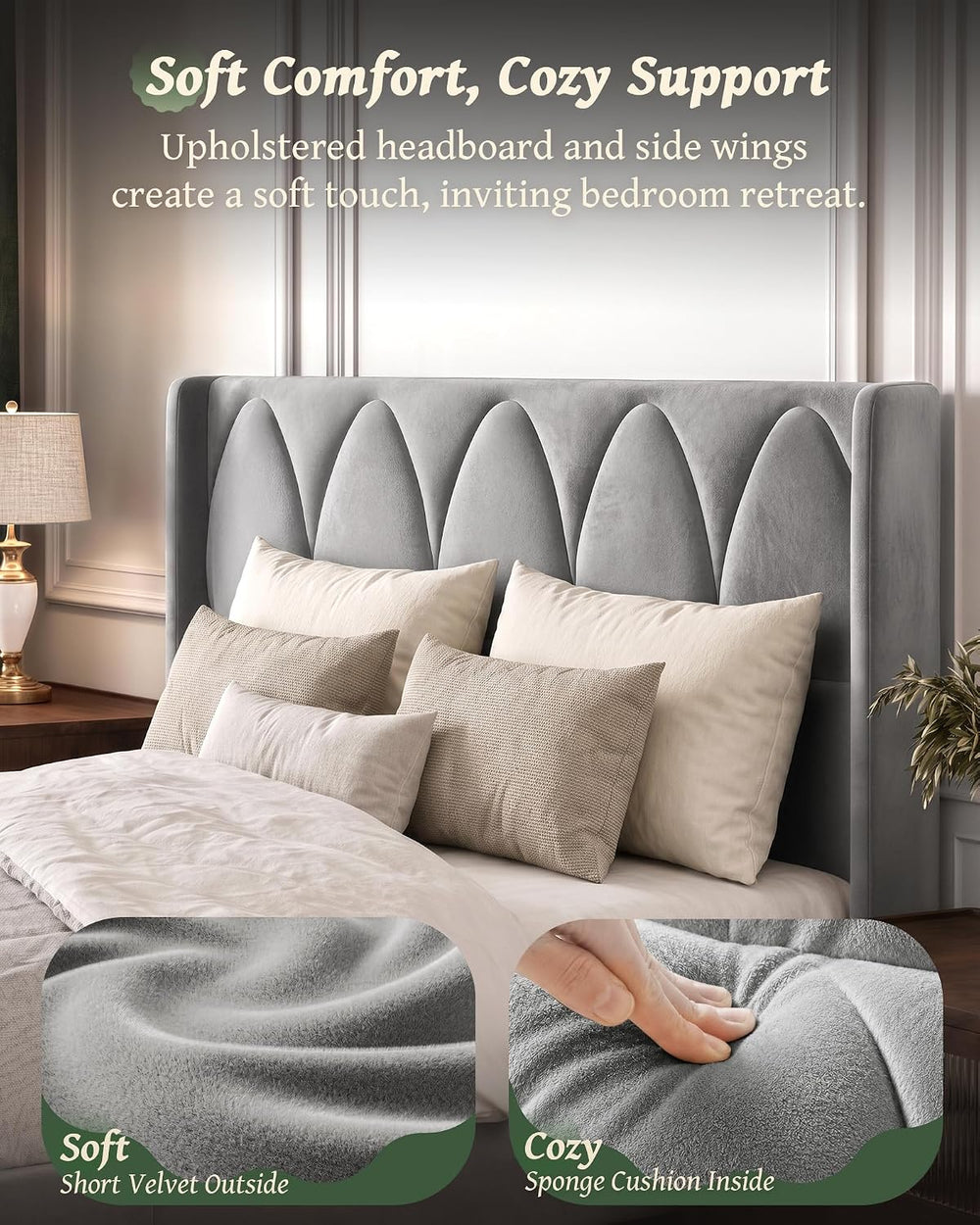 OHOHOLIVE Full Size Bed Frame Velvet Upholstered Headboard Platform Bed