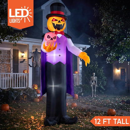 Joiedomi 12FT Giant Halloween Inflatable Pumpkin Ghost Vampire with Skull, Halloween Blow Up Gentleman Ghost Yard Decoration with Built-in LED Glowing Eyes for Lawn Garden Indoor Outdoor Decor