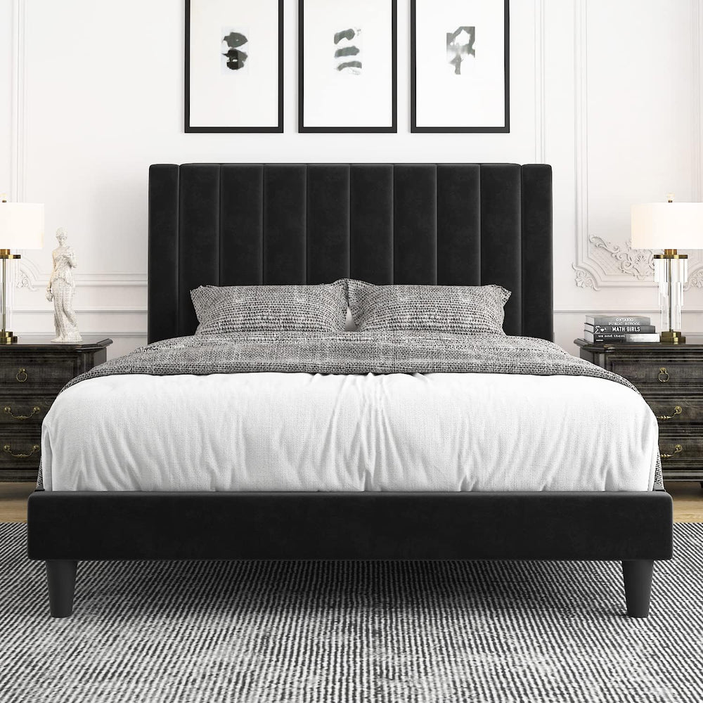 Allewie Full Bed Frame/Velvet Upholstered Bed Frame with Vertical Channel Tuf...