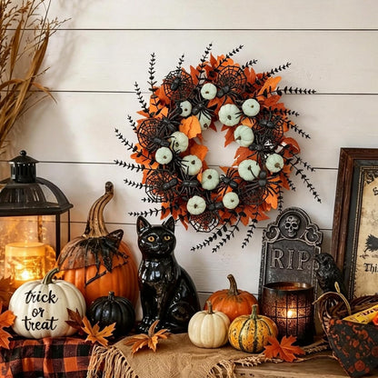 Idyllic 24" Halloween Wreath Pumpkins Maple Black Spiders for Front Door