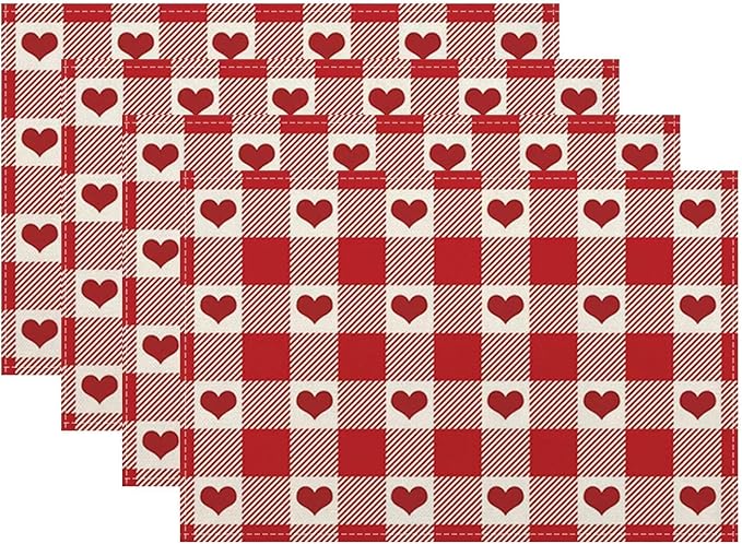 Valentine's Day Placemats Set of 4, Checked Love Hearts Decorative Table Mat 12 by Sunshineyan