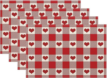 Valentine's Day Placemats Set of 4, Checked Love Hearts Decorative Table Mat 12 by Sunshineyan