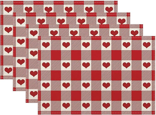 Valentine's Day Placemats Set of 4, Checked Love Hearts Decorative Table Mat 12 by Sunshineyan