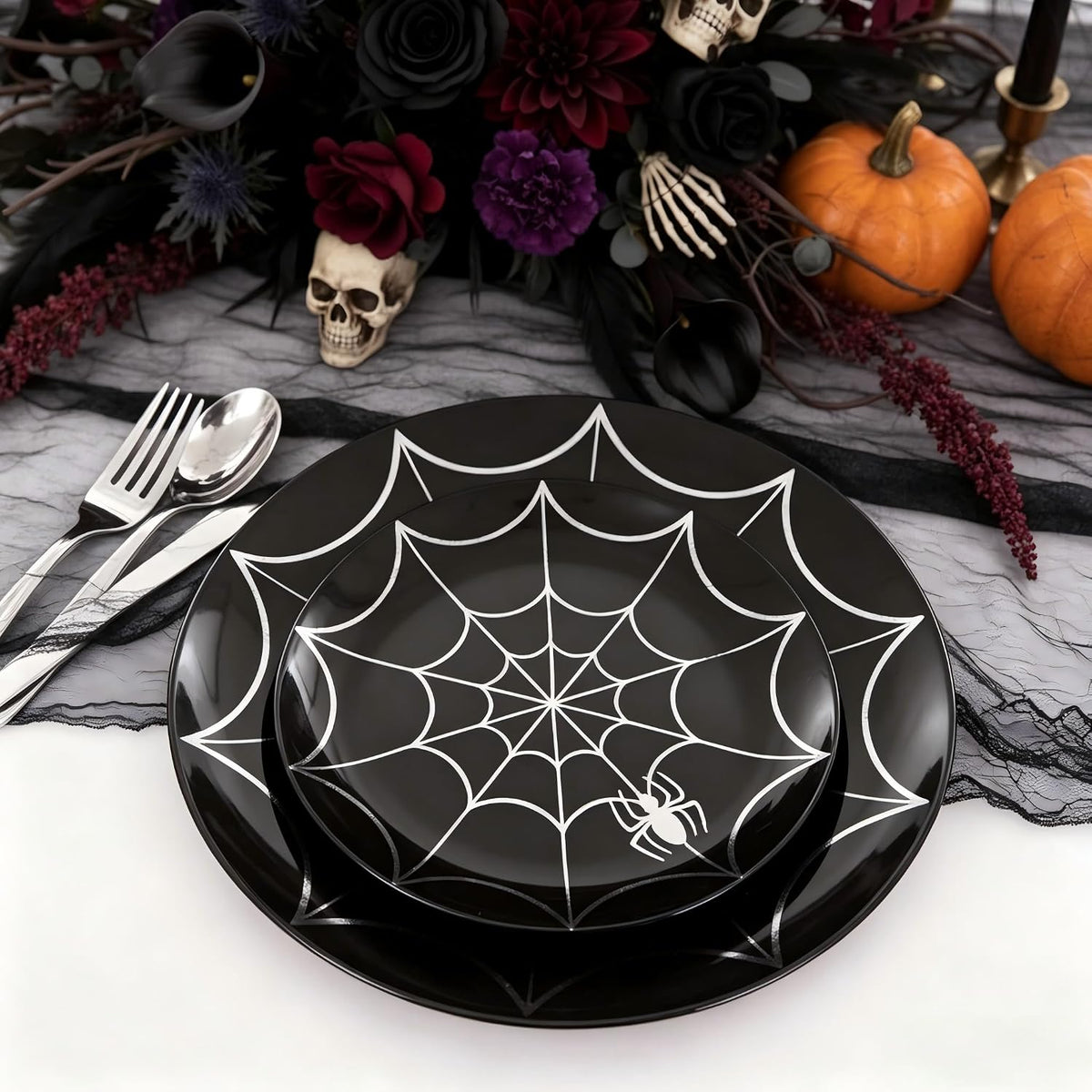 NOCCUR 60PCS Halloween Plastic Plates - 30 Black Dinner/Dessert Plates - Ideal for Halloween Party