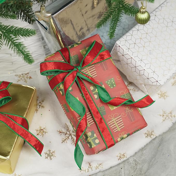 MEEDEE Crushed Red Velvet & Green Back Double Sided Christmas Wired Ribbon - Image 4