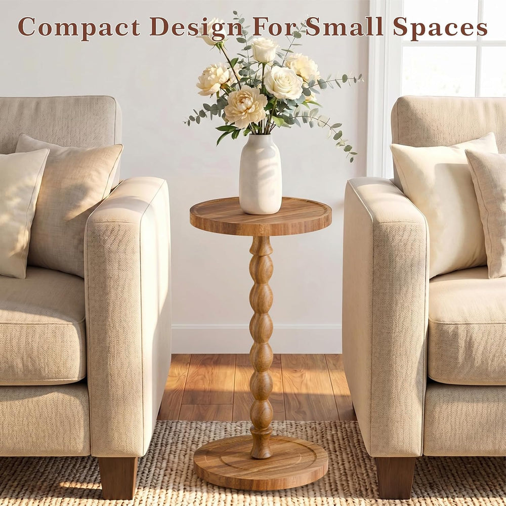 Small Round Side Table, Acacia Wood‌ Drink Table for Small Spaces