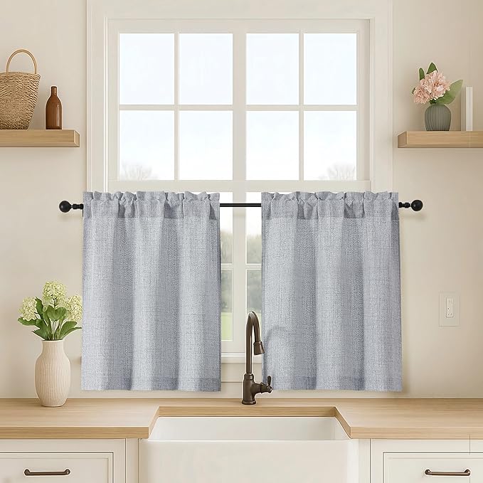 OVZME Grey Kitchen Curtains 24 Inch Length, Light Filtering Faux Linen Textured by OVZME
