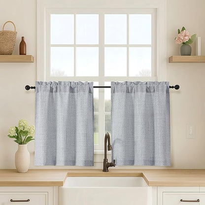 OVZME Grey Kitchen Curtains 24 Inch Length, Light Filtering Faux Linen Textured by OVZME