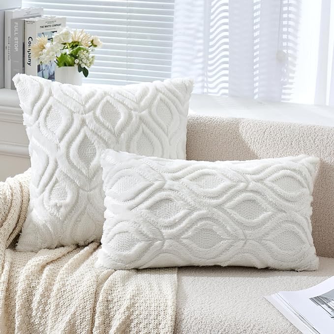 MIULEE Ivory Throw Pillow Covers 18x18 Inch, Soft Winter Plush Faux Wool Couch - Image 2