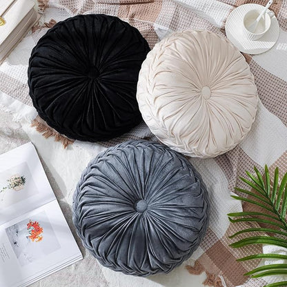 3 Pcs Round Throw Pillows Decorative Velvet Pleated Throw Pillows 15'' Diameter by Drydiet