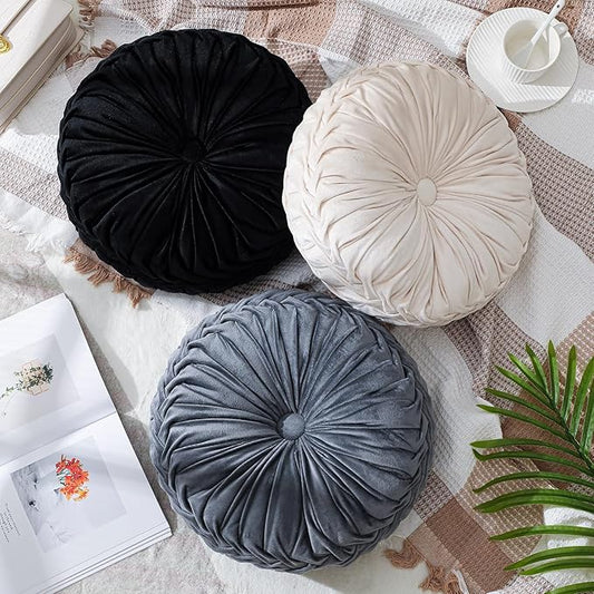 3 Pcs Round Throw Pillows Decorative Velvet Pleated Throw Pillows 15'' Diameter by Drydiet