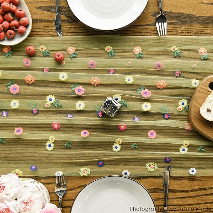 Artoid Mode Green Embroidery Daisy Gauze Table Runner 120 Inch 10FT, Seasonal - Image 2