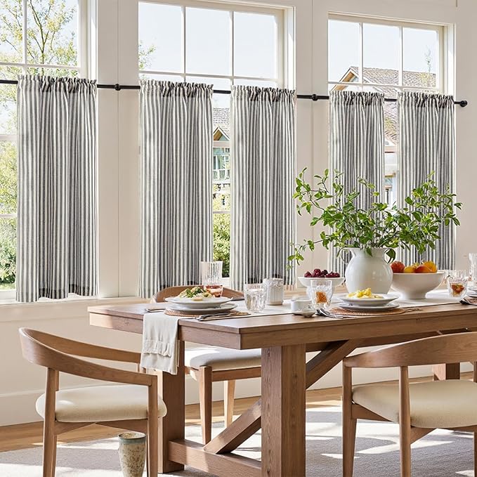 jinchan Striped Linen Kitchen Curtains 45 Inches Tier Curtains Farmhouse Modern - Image 3