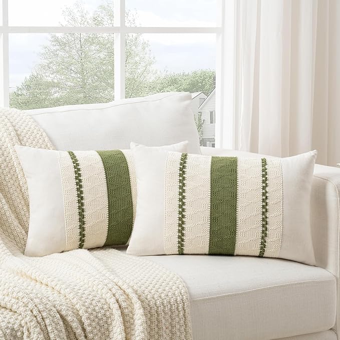 Fancy Homi Set of 2 Boho Moss Green Long Lumbar Decorative Throw Pillow Cover by Fancy+Homi