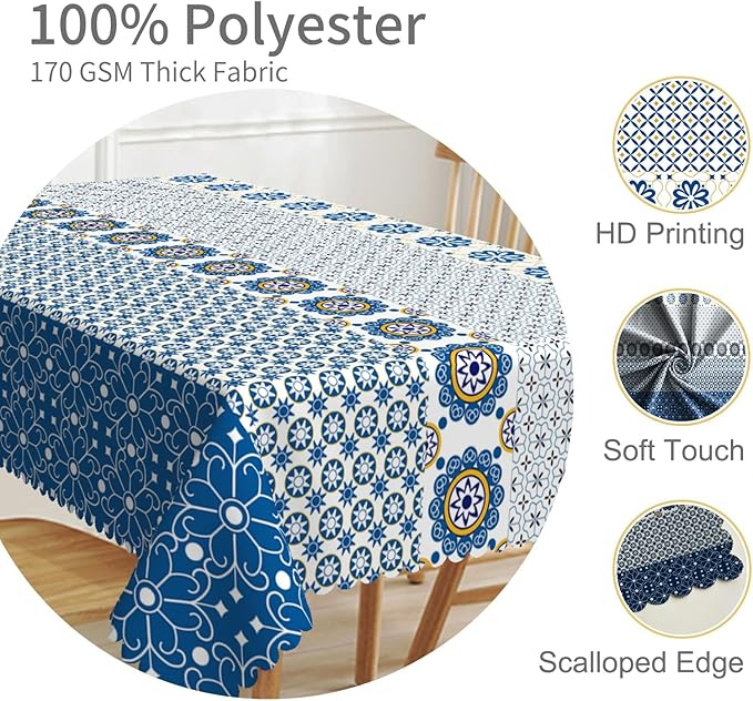 60x84inches Boho Rectangle Tablecloth Blue Floral Printed Bohemian Table Cloth - Image 3