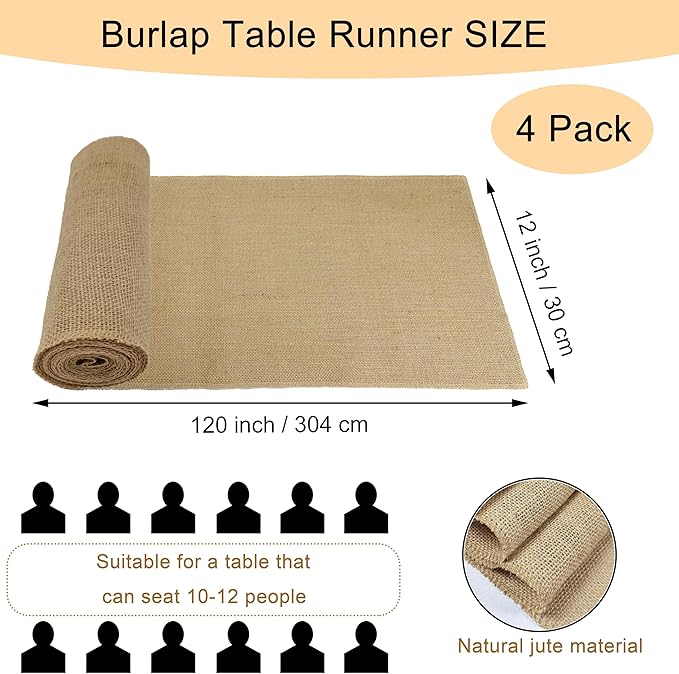 4 Pack 12 x 120 Inch Burlap Table Runners, Natural Rustic Jute Table Runner Bulk - Image 2