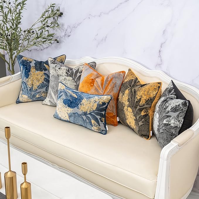 Yangest Blue Leaf Square Pillow Cover Cut Velvet Cushion Cover Luxury Modern - Image 6