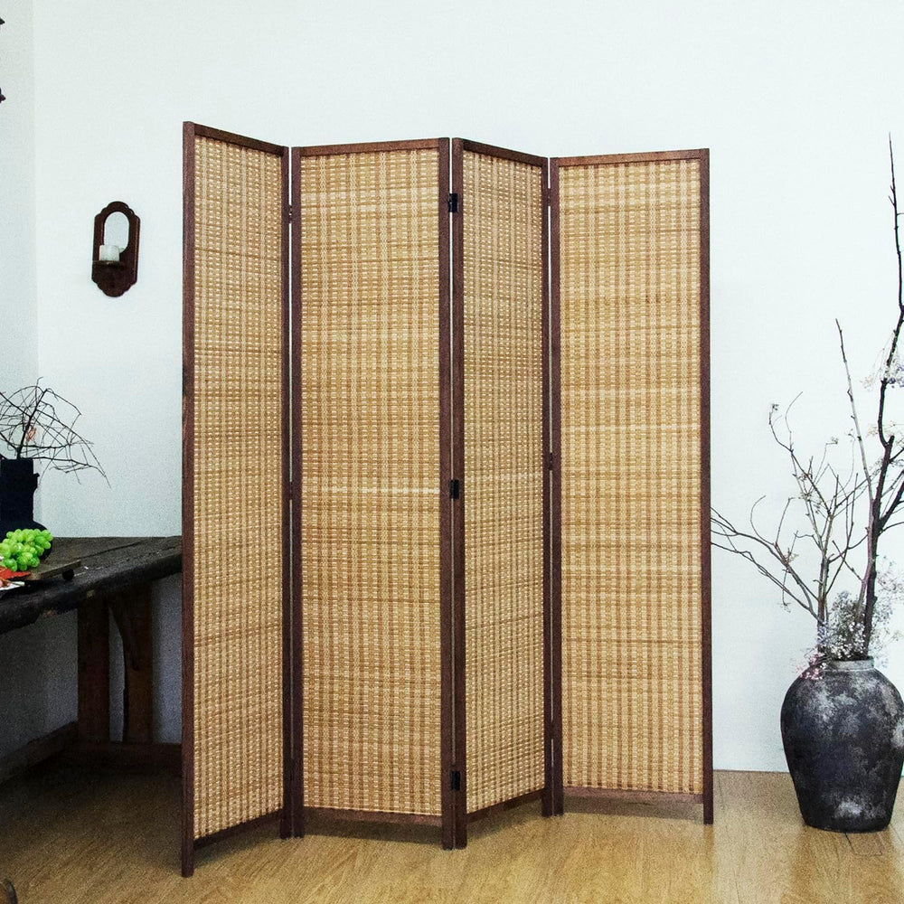 4 Panel Bamboo Room Divider - 5.6 ft Tall Brown Folding Privacy Screen, Doubl...