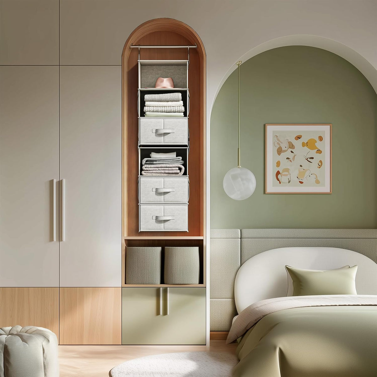 6-shelf hanging closet organizer with 3 drawers, separable shown in use