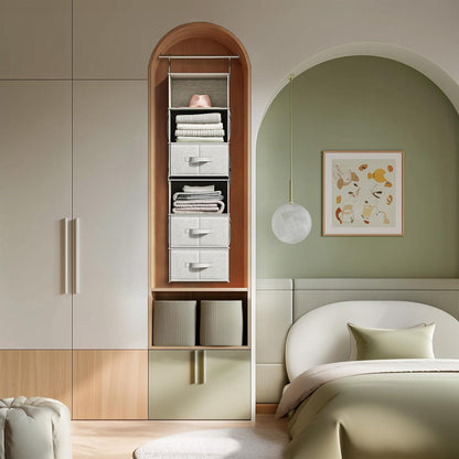 6-shelf hanging closet organizer with 3 drawers, separable shown in use