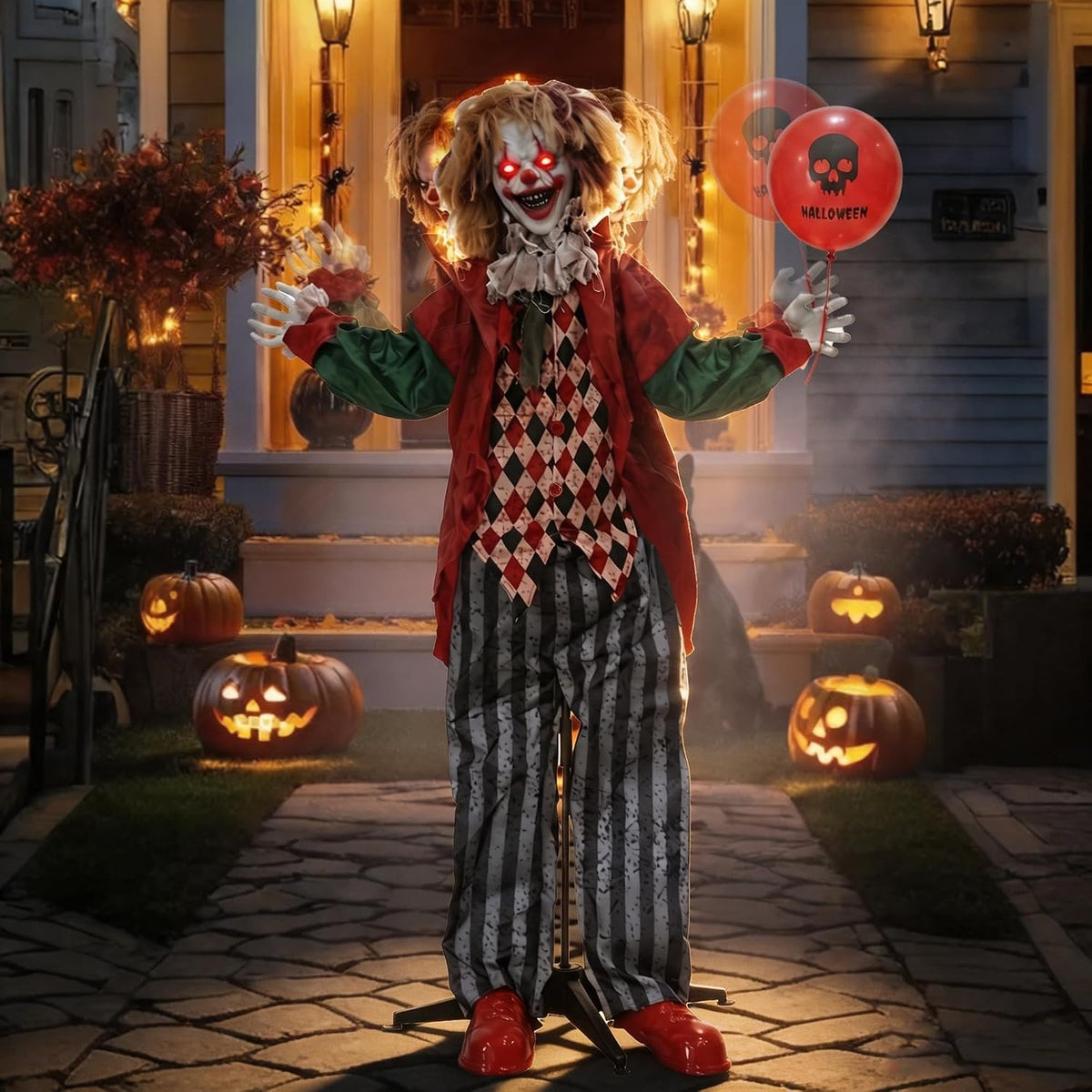 Hourleey 5.3FT Halloween Animatronics Clown Decorations, Sound Activated Standing Animated Clown with Lighted Eyes, Clown Holding Balloon for Indoor Outdoor Haunted House Party Prop Yard Decor