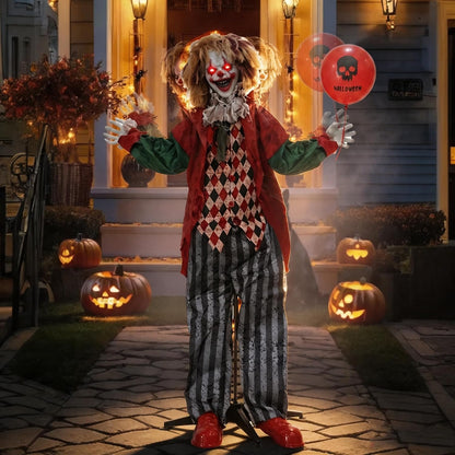 Hourleey 5.3FT Halloween Animatronics Clown Decorations, Sound Activated Standing Animated Clown with Lighted Eyes, Clown Holding Balloon for Indoor Outdoor Haunted House Party Prop Yard Decor