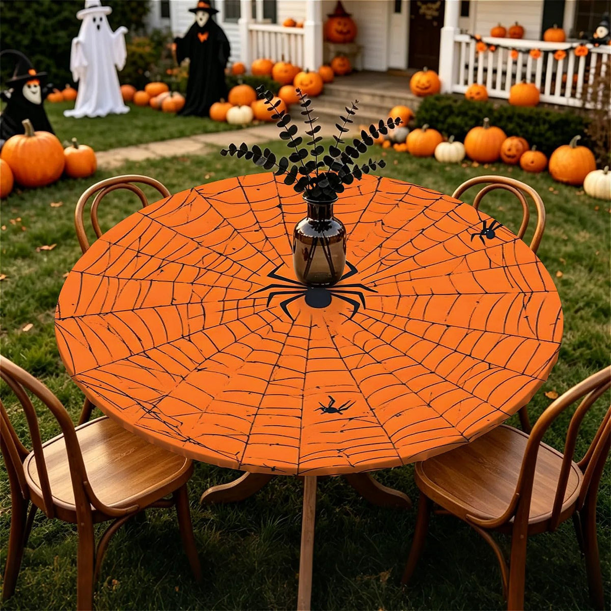 60 Inch Fall Round Waterproof Tablecloth for Dinner, Halloween Fitted Round Tablecloth with Elastic for Holiday