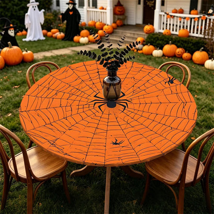 60 Inch Fall Round Waterproof Tablecloth for Dinner, Halloween Fitted Round Tablecloth with Elastic for Holiday