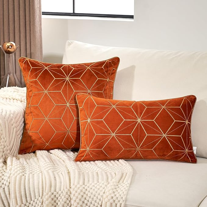 Aeckself 16 x 16 Inch Orange Gold Plaid Geometric Stripes Embroidery Velvet - Image 4