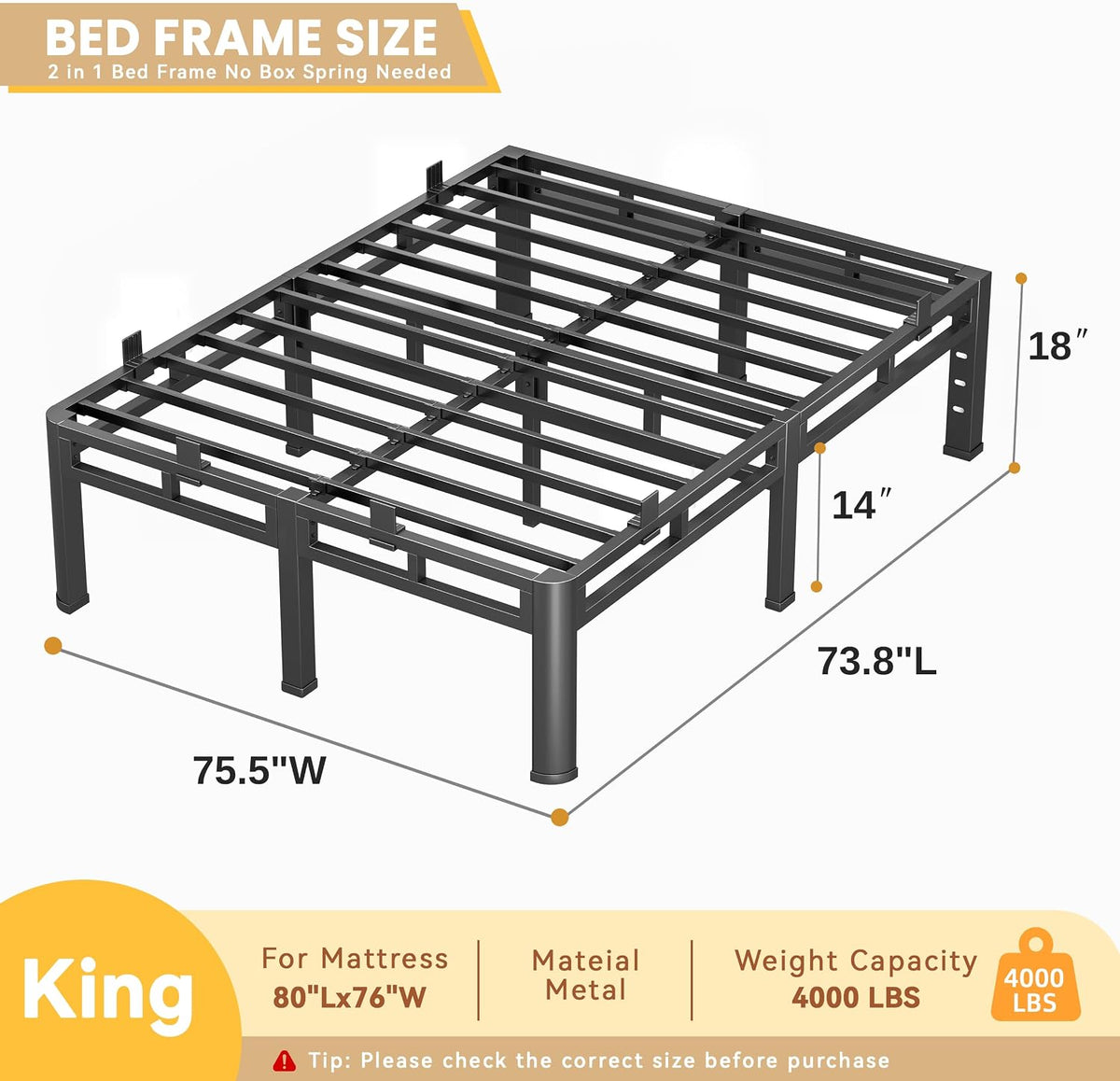 king size bed frame,18 inch metal heavy duty shown in use