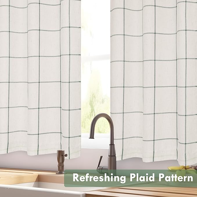 DriftAway Kitchen Curtains Striped Tier Linen Short Curtains Windowpane Plaid - Image 6