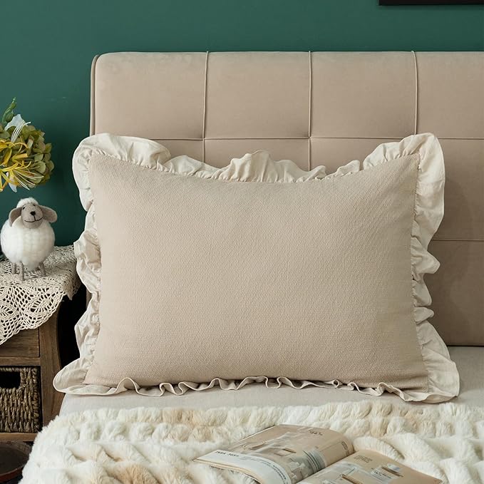Pillow Shams Set of 2 Pure Cotton Champray Ruffled Edge, Thick and Solid Washed - Image 6