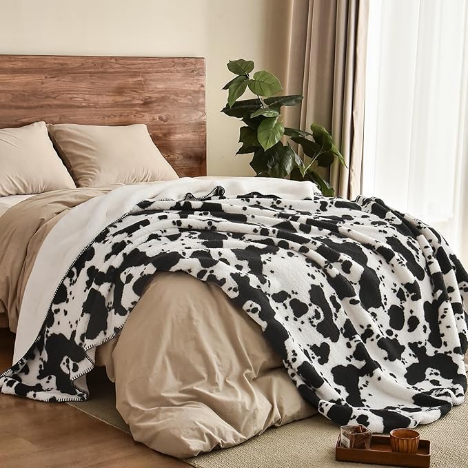 PHF Cute Cow Print Sherpa Blanket Twin Size - Image 3