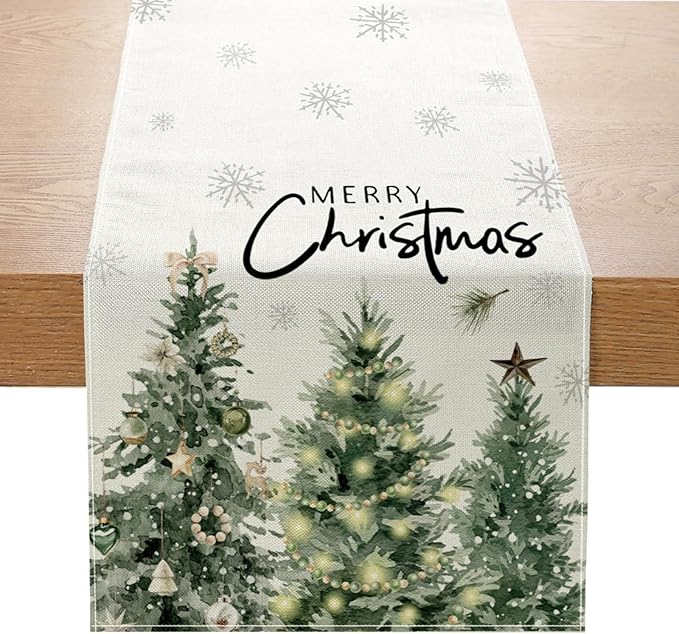 Christmas Trees Stars Table Runner 13x72 Inch Merry Christmas Cedar Snowflaks by ZCHOMI
