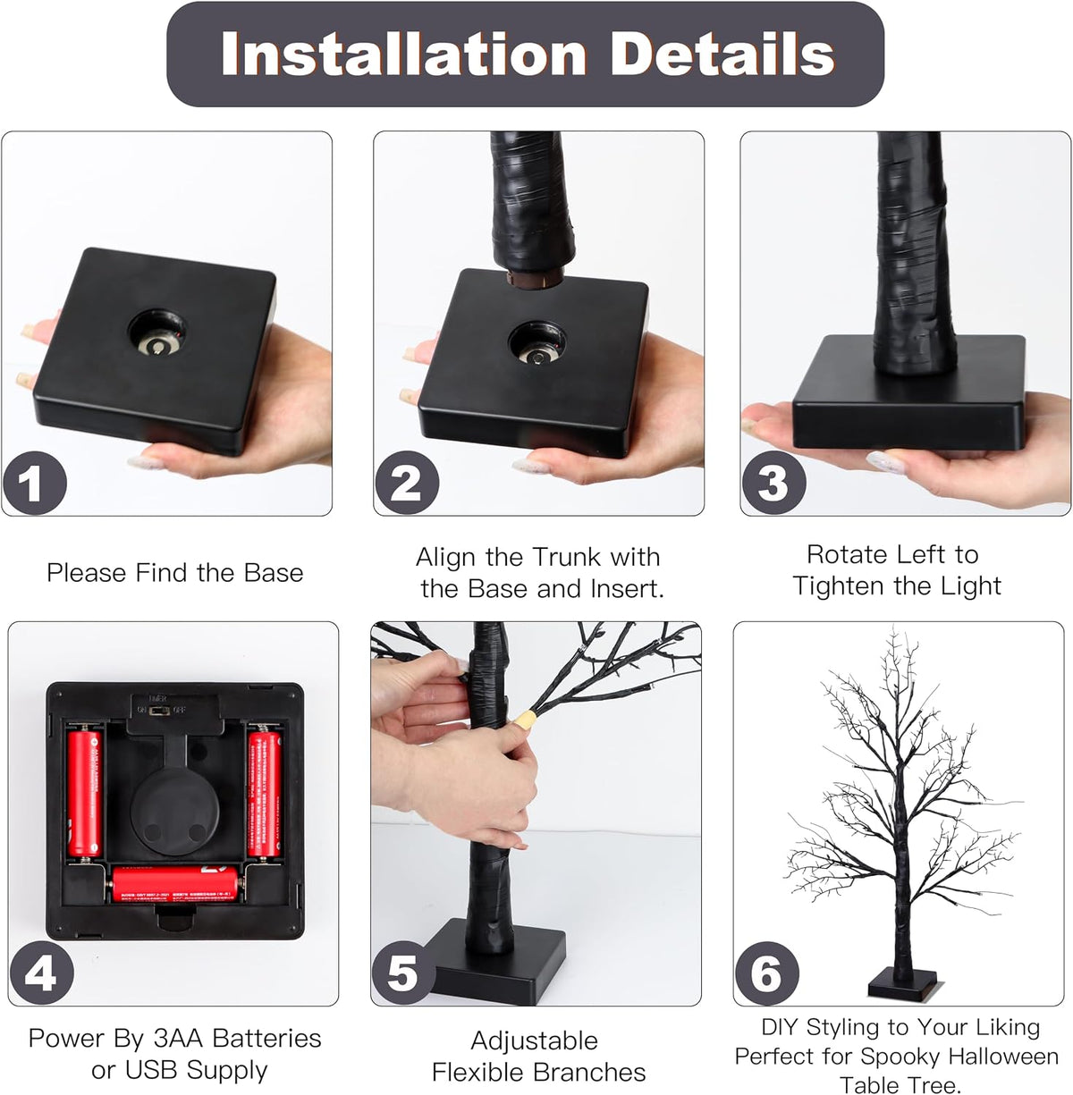 Halloween Decorations Indoor 2 Pack 24 Inch Black Halloween Tree with 24 Orange Red Lights, Timer/USB/Battery Operated Tabletop Lighted Spooky Tree for Halloween Table Decor Home Indoor Office