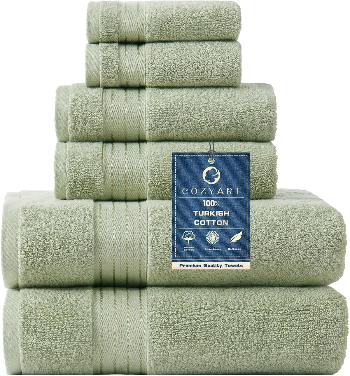 cozyart luxury bath towel set 6 pcs, sage, main product view